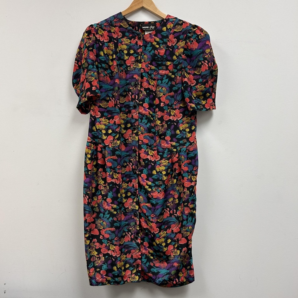 Vintage 80s More Jazz Dress Womens 14W Multicolor Floral Button Sheath Midi